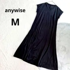 【エニワイズ】ワンピース M 黒 ロング丈 Aライン Vネック フレンチスリーブ