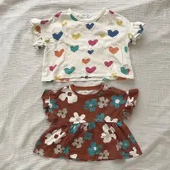 しまむら 花柄 ハート柄 フリル袖Tシャツ2枚セット 90センチ