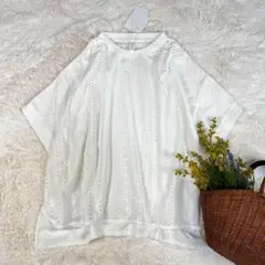 新品 カットワーク刺繍 フレンチTシャツ コットン オフホワイト フリー