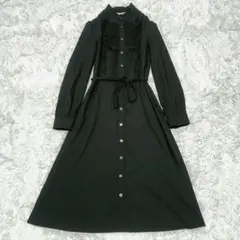 ローラアシュレイ　シャツロングワンピース　ピンタックフリル　リボンベルト　黒