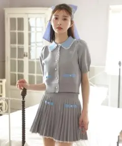 NICE CLAUP ポロ襟半袖ニットセットアップ グレー