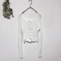 【GU 】リブニット Uネック長袖トップス フロントボタン(Sサイズ)白ホワイト