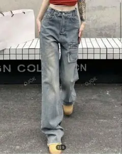 SHEIN カジュアルルーズカーゴデニムパンツ Mサイズ　ミディアムウォッシュ