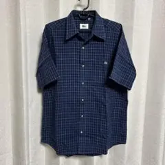 ラコステ　ネイビー　紺色　チェック柄　半袖メンズシャツ