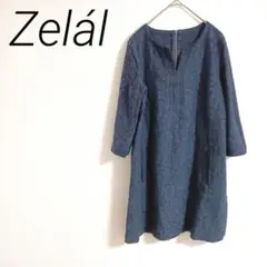 Zelál ダークブルー Vネック ワンピース 背中ファスナー　ポケット