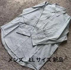 メンズ リネンプラス七分袖ストライプシャツ緑 LL新品
