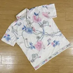 【シャツ】半袖 カットソー素材 ホワイト 花柄 レトロ　古着