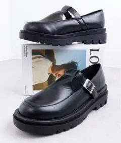 ブラックレザー厚底ローファー