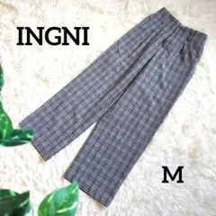 イング スラックス ワイドパンツ チェック柄 オフィス レディース M グレー