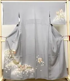 D5 美品 単衣 京友禅 金彩 金駒刺繍 季節の花々 縮緬 正絹 訪問着 着物