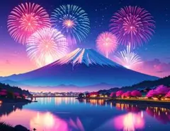 『富士山と花火』　A4　グラフィックアート　インテリア　ポスター　デジタルアート