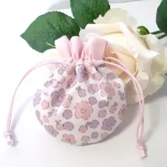 《ミニサイズ》ピンク花柄の丸くて小さな巾着ポーチ　＃n1020