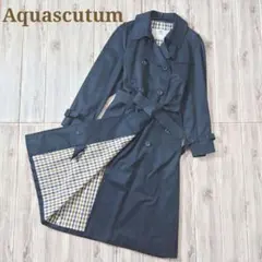AquascutumダブルボタンロングトレンチコートAqua5黒クラブチェック