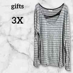 gifts【3X】ストライプ Vネック 長袖Tシャツ グレー ブラック 大きめ