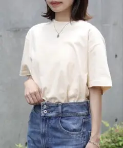 プレミアムコットンクールネックTシャツ　半袖　ベージュ　L