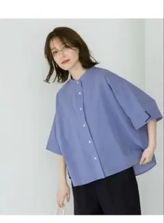 ブルー　ストライプ　リネンシャツ