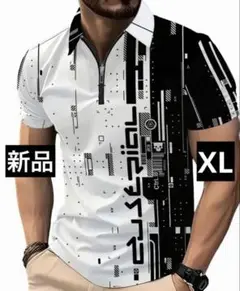 【新品/XLサイズ】ゴルフウェア 半袖ポロシャツ メンズ ホワイト ハーフジップ