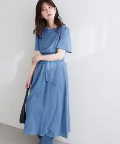 新品　natural couture　フレア袖太ベルトワンピース　ロング　ブルー
