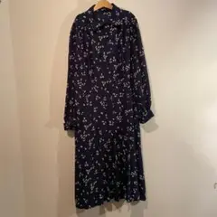 ビンテージ 70s 80s 昭和レトロ 総柄 ロング ワンピース L程 紺 青