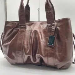 極美品✨ 銀座カネマツ　エナメル　トートバッグ　肩掛け　A4　大容量　ブラウン