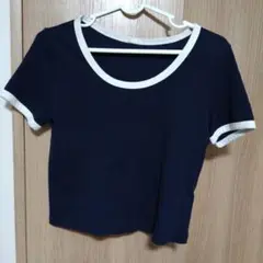 ネイビー 半袖 Tシャツ リブ素材