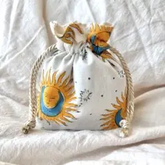 太陽と月 巾着ポーチ ブロックプリント boho