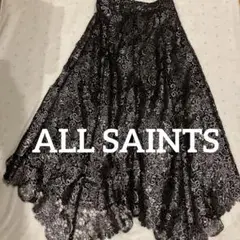 AllSaints ロングスカート 花柄刺繍 黒×シルバー　S