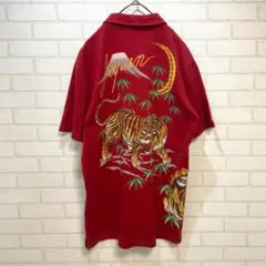 赤　紅色　虎柄　和柄　月　富士山　JAPAN刺繍　ポロシャツ　メンズM 古着