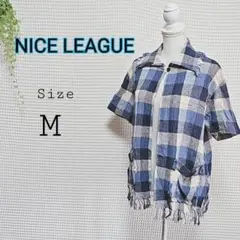 NICE LEAGUE フリンジ チェック柄 １つボタン 半袖シャツ Mサイズ