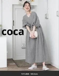 coca ギンガムチェック Vネック パフスリーブワンピース