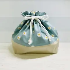 お弁当袋　デイジー　ハンドメイド　巾着袋　くすみブルー　花柄　【590】