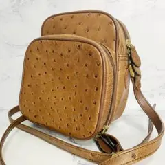 B429【極美品】オーストリッチレザー ショルダーバッグ スクエア型 ブラウン