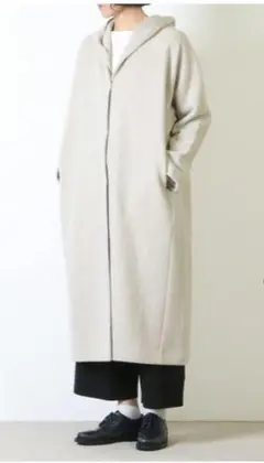 evam eva プレスウール フーデットコート ベージュ