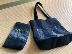 【ハンドメイド】藍色×和柄パッチワーク トートバッグ＆ポーチセット