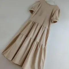 ベージュ パフスリーブ♥ティアードギャザーワンピース　涼しく楽ちん