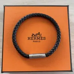 HERMES ブレスレット ゴリアテ コード レザー 黒×シルバー アクセサリー 極美品】鑑定済 HERMES エルメス ゴリアテ コード ブレスレット