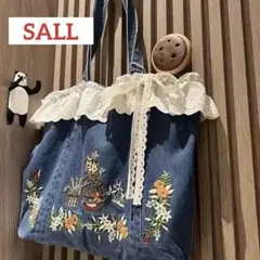 刺繍デニムトートバッグ レース付きビンテージフローラル クロスボディバッグ 新品