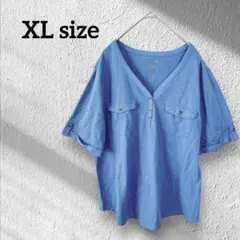 半袖 Tシャツ【XL】 青 くすみブルー Vネックデザイン ゆったり ロール袖