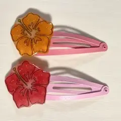 No.78 ハイビスカス　オレンジ　赤　レッド　ぱっちんどめ　キッズヘアピン　夏