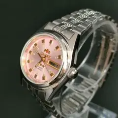 美品　ORIENT　オリエント　スリースター　ピンク　シルバー　自動巻き　腕時計