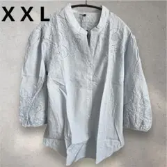 ブラウス 綿100% 刺繍　レディース　水色 XXLサイズ　大きいサイズ