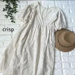 crisp♪アイボリー♪総刺繍入り♪Vネック パフスリーブ フレアワンピース　F