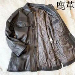 美品★XL相当!! 鹿革 ディアスキン レザージャケット ダークブラウン 総裏地