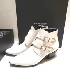 【美品】サンローランパリ スタッズベルトショートブーツ 白