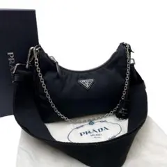美品 プラダ ナイロン×レザー 三角プレートロゴ チェーン ショルダー バッグ