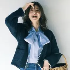 ジャスグリッティー JUSGLITTY パール付 ニットジャケット ネイビー