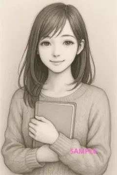 モノクロ鉛筆画 女性ポートレート ノートを抱え友達と青春の立ち話No.72
