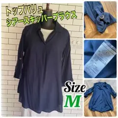 トップバリュ美品✨レディースMシアー感スキッパーブラウスネイビー