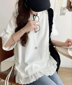 classicalelf レイヤード風サイドドロスト裾レースビッグTシャツ