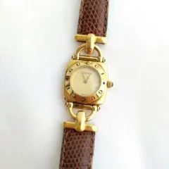 稼働品 グッチ GUCCI ホースビット ゴールド 革ベルト クオーツ腕時計